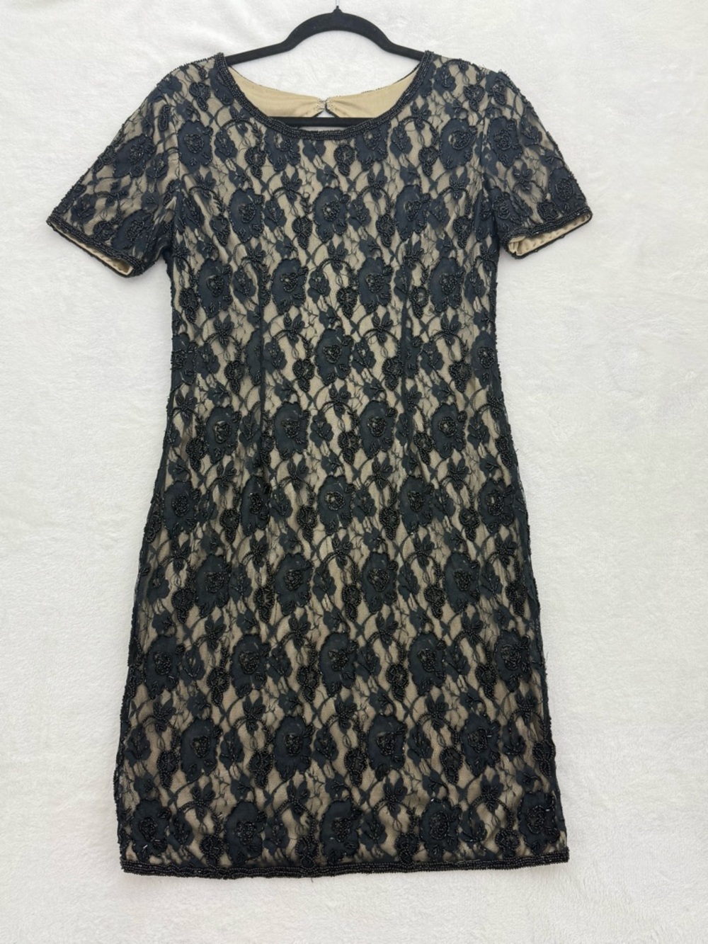 Vintage Black Lace And Nude Dress Beaded By Brilliante J.A. Size Small